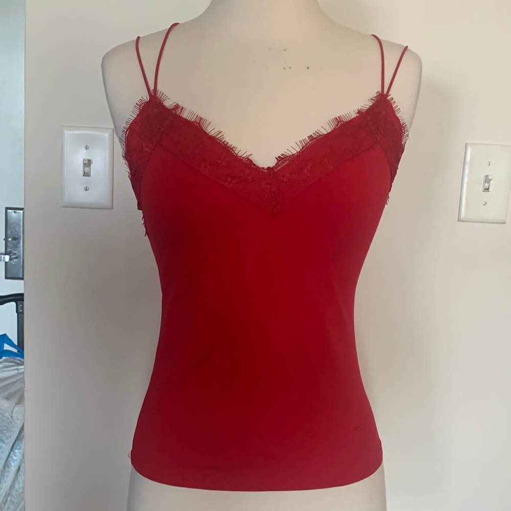 Red Spaghetti Strap Tank with Lace Trim